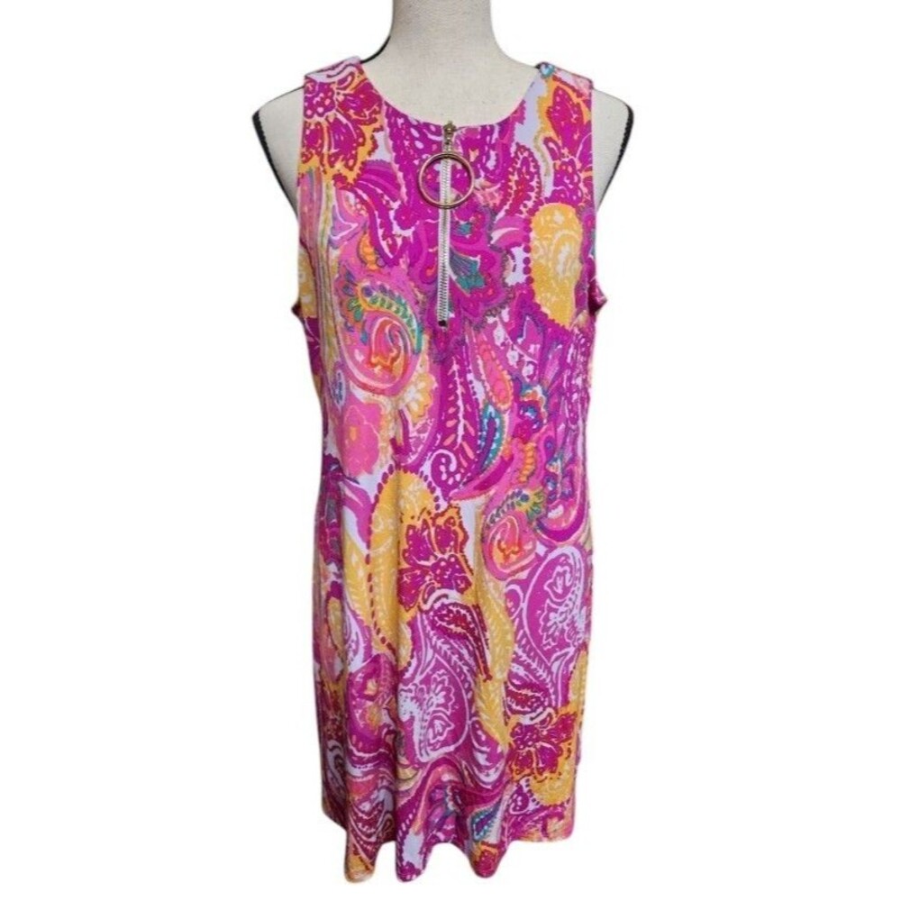 MSK Paisley Print Shift Dress Size M O-Ring Zip Retro Flowy Keyhole Back